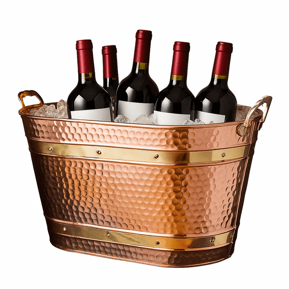 Kings County Tools 25QT Copper Beverage Tub - Metal Ice Bucket with Sturdy Brass Handles for Indoor Firewood Storage, Laundry Basket and Living Room Storage