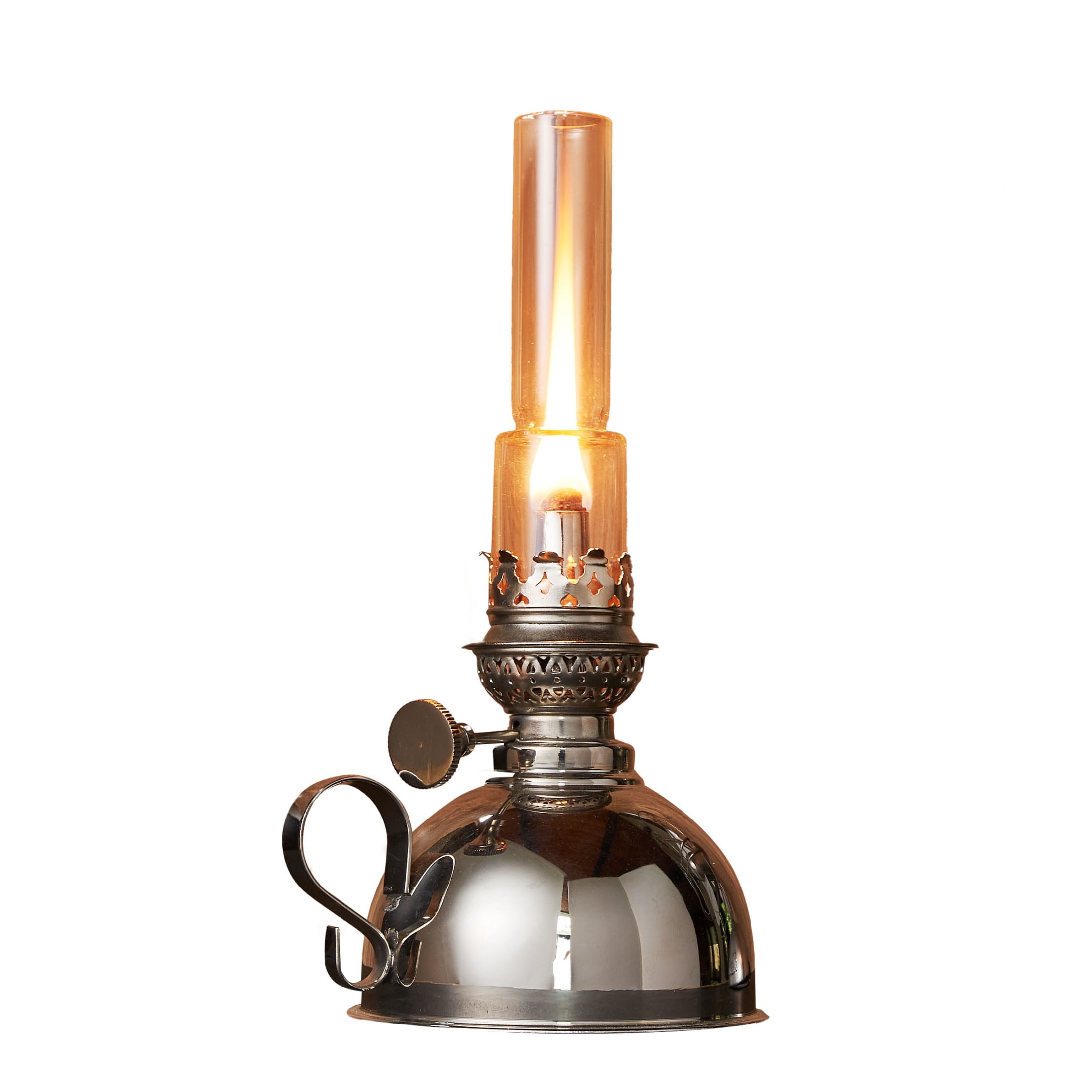Kings County Tools 9” Oil Lamp with Nickel Body and Glass Chimney - Extra-Bright Hurricane Lantern