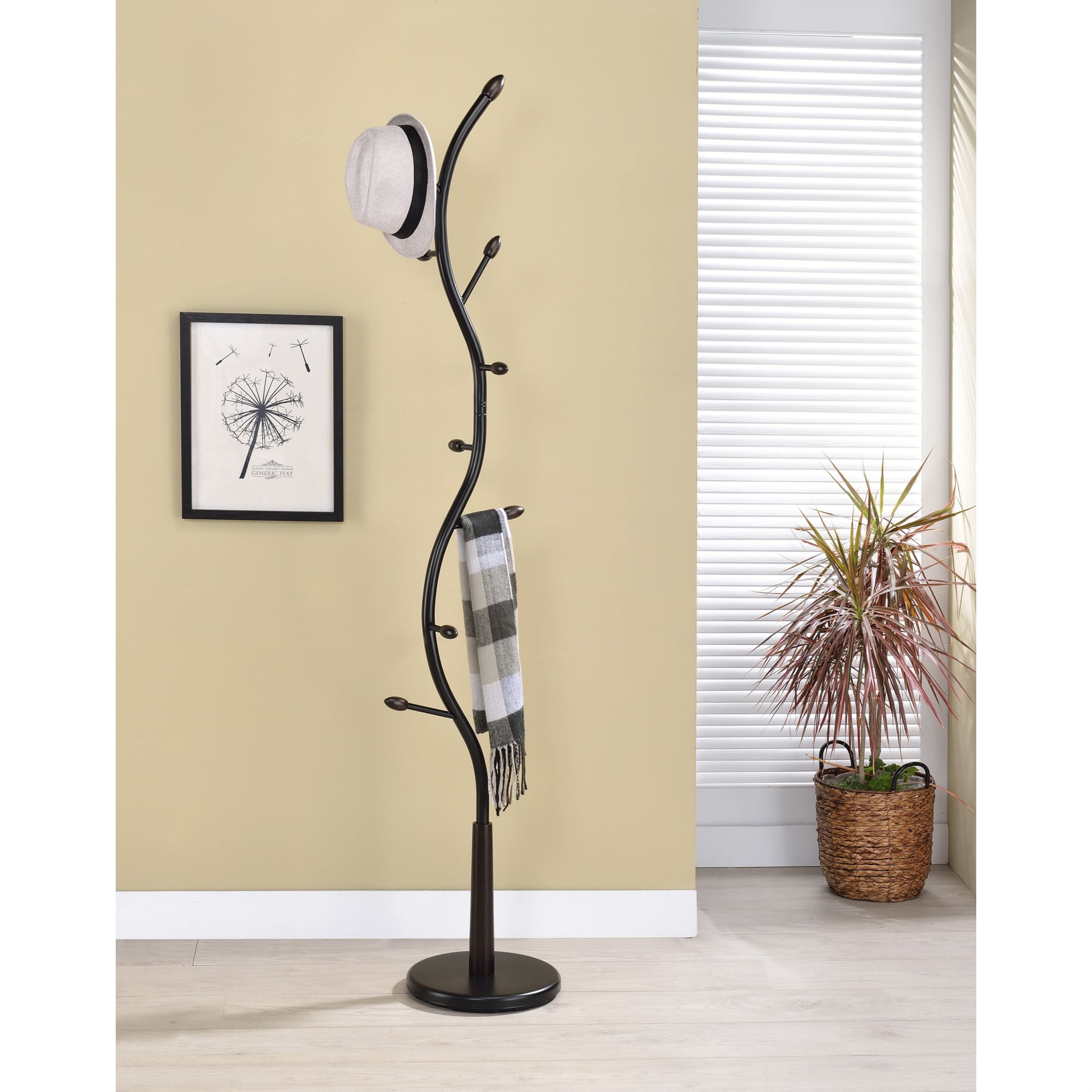 Black Metal and Walnut Wood Tree-Like Coat Rack Stand