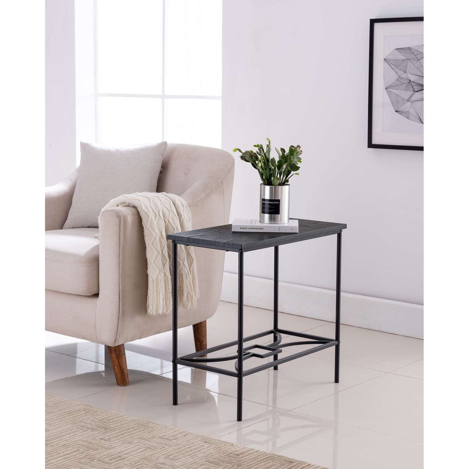 Kings Brand Black Metal and Wood Rectangular Side Table