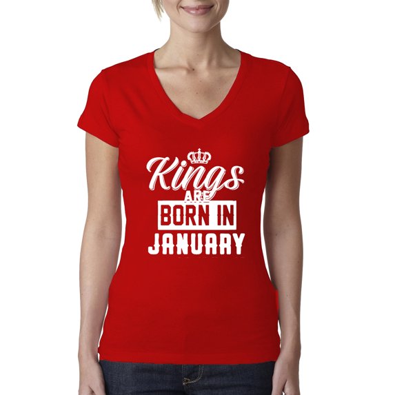 Kings are Born in January Humor Womens Junior Fit V-Neck Tee, Red, Large