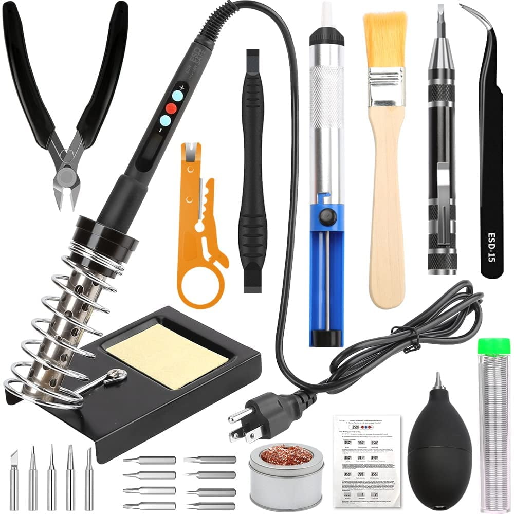 Kingsdun Soldering Iron Kit, 60W LCD Digital Soldering Gun with Adjustable Temperature Controlled and Fast Heating Ceramic Thermostatic Design ON-Off Switch 15pcs Welding Tool