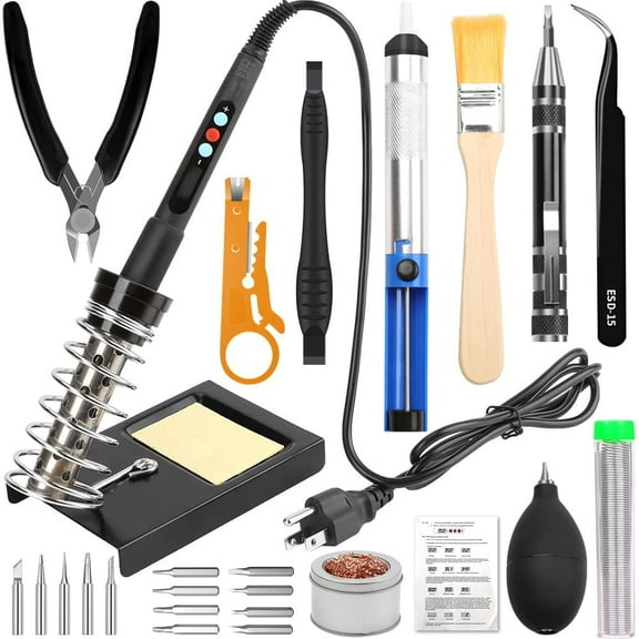 Kingsdun Soldering Iron Kit, 60W LCD Digital Soldering Gun with Adjustable Temperature Controlled and Fast Heating Ceramic Thermostatic Design ON-Off Switch 15pcs Welding Tool