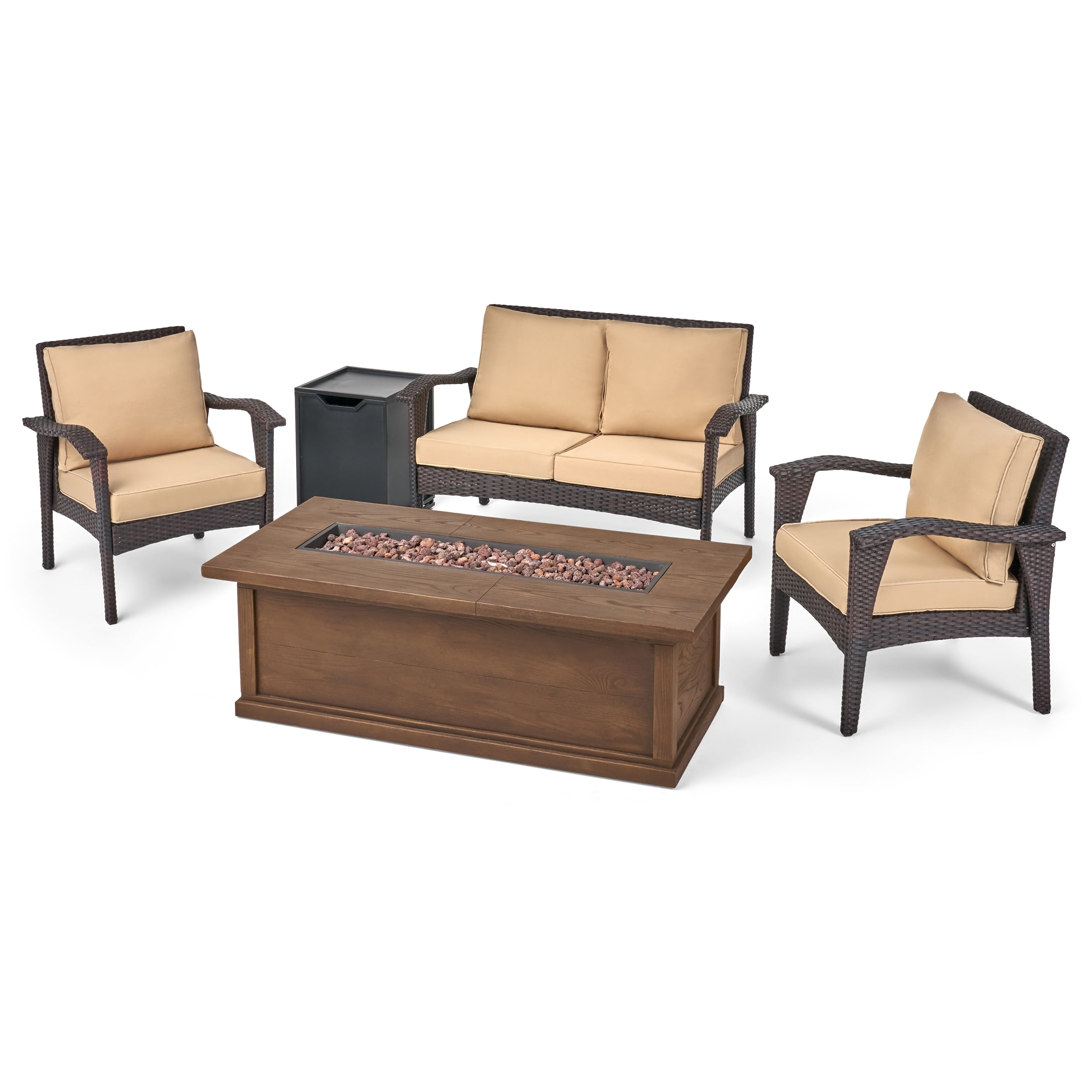 Kingsfield Outdoor 4 Seater Wicker Chat Set with Fire Pit, Brown and Tan