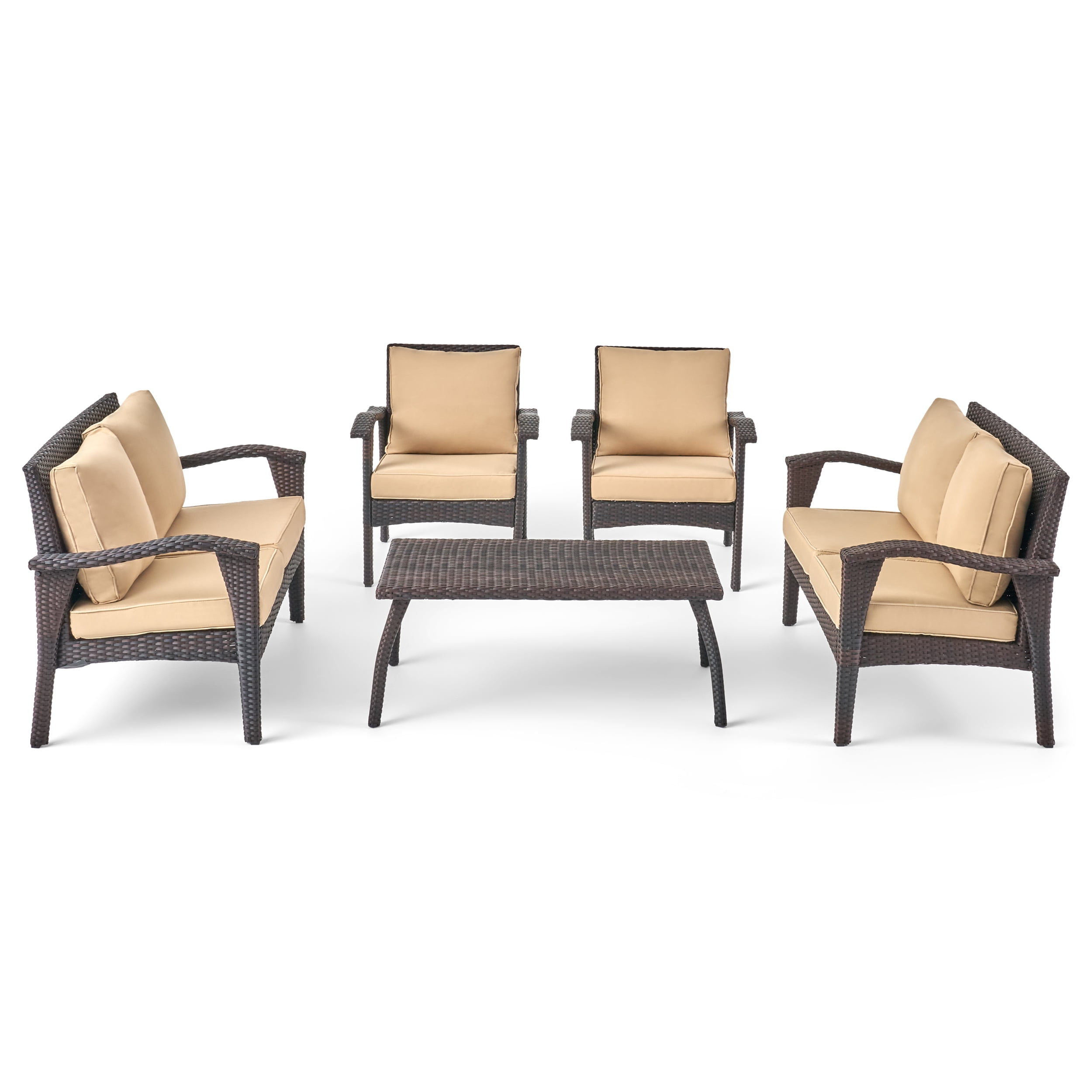 Kingsfield Outdoor 6 Seater Wicker Chat Set with Cushions, Brown and Tan