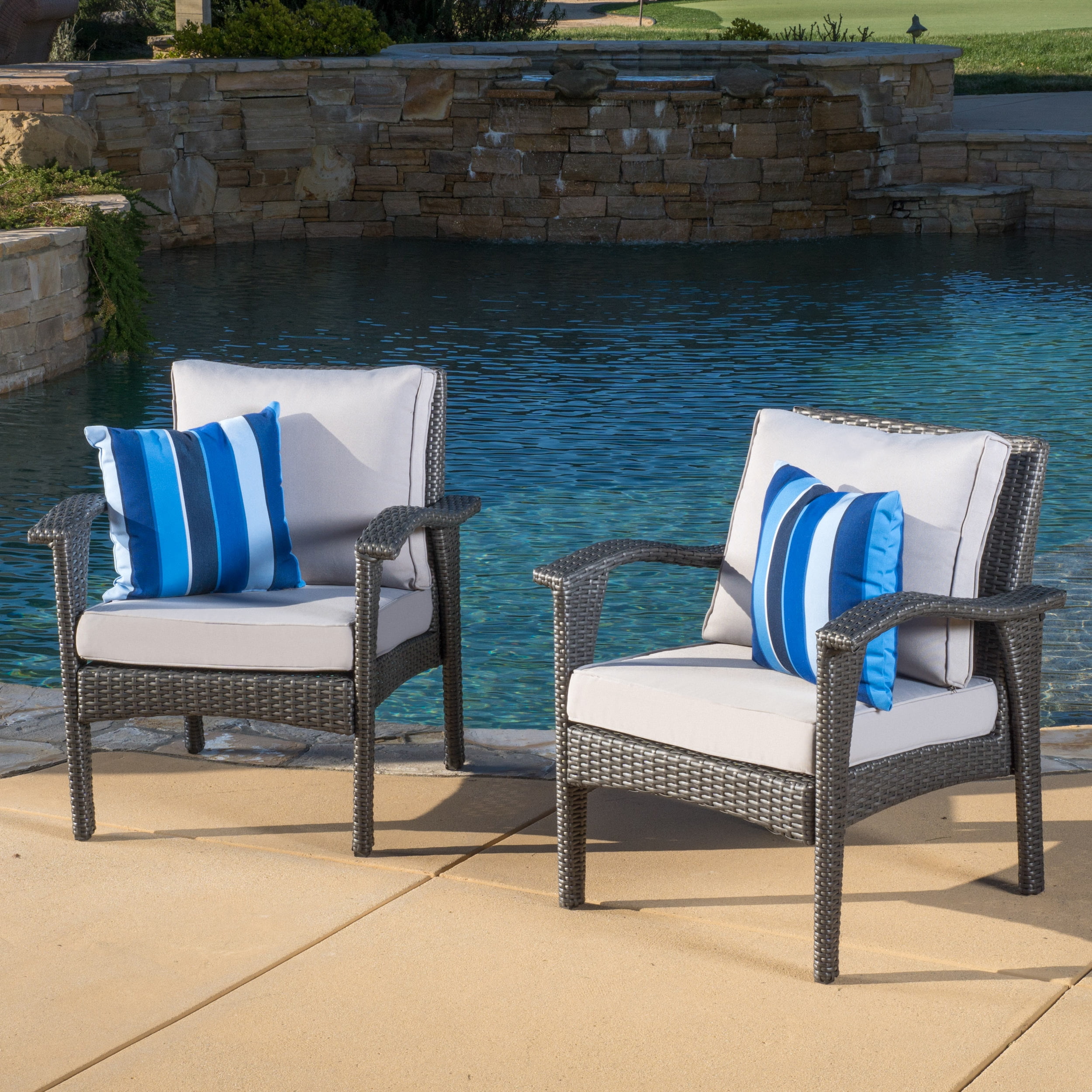 Kingsfield Outdoor Wicker Club Chairs with Silver Cushions, Set of Two, Grey