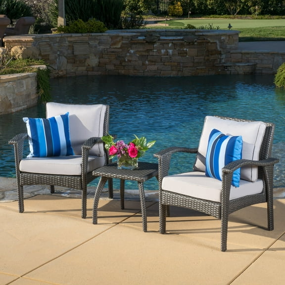 Kingsfield Outdoor Wicker Club Chairs with Silver Cushions and Accent Table, Grey