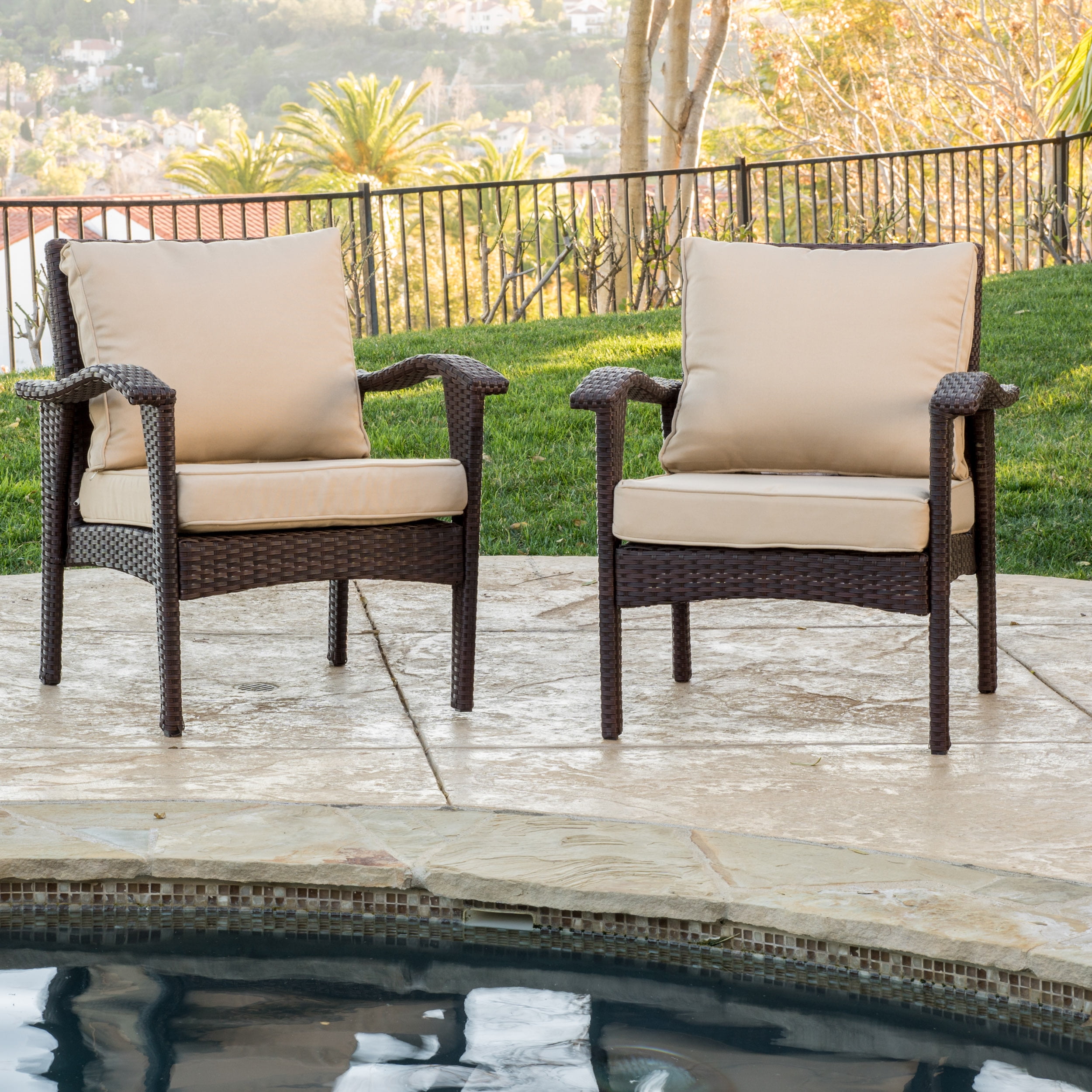 Kingsfield Outdoor Wicker Club Chairs with Tan Cushions, Set of 2, Brown