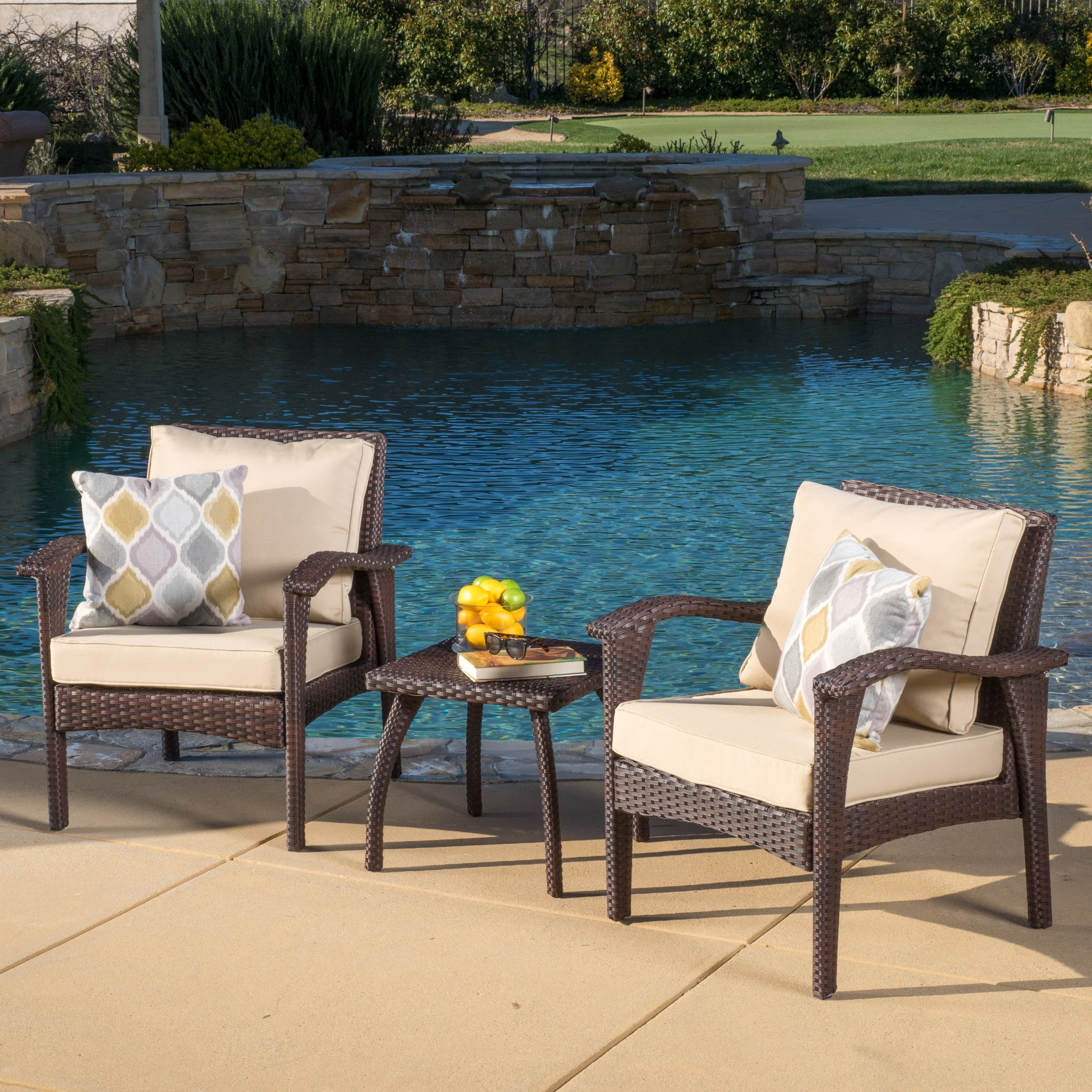 Kingsfield Outdoor Wicker Club Chairs with Tan Cushions and Accent Table, Brown