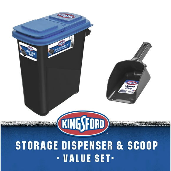 Kingsford Charcoal Black Plastic Storage Dispenser, Blue Lid and Heavy-Duty Scoop, 19" x 10" x 21"