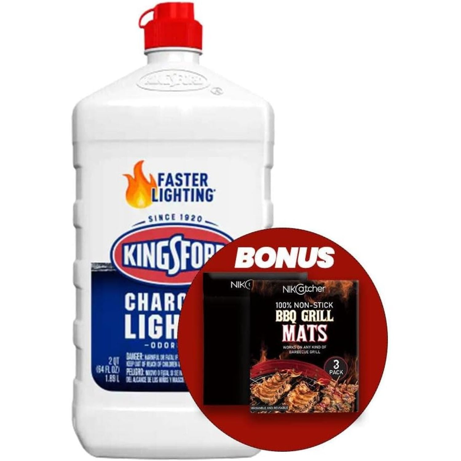 Kingsford Charcoal Lighter Fluid 64Oz with 3Pack NikCatcher Heavy Duty BBQ Grill Mats for