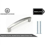 Kingsman Durable Heavy Duty Beaded Series 3-3/4 In. Center-To Center (95Mm) Solid Zinc Alloy Closet Cabinet Furniture Drawer Pull Cabinet Handle Bar Holder (10 Pack, Brushed )