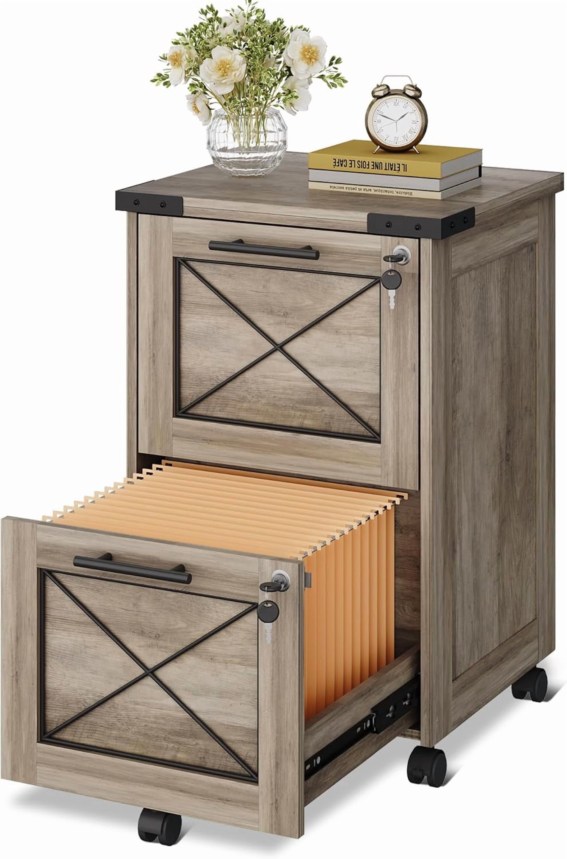 Kingsss 2 Drawer File Cabinet with Hanging Files, Mobile Rolling Storage Cabinet for Home Office, Under Desk Filing Cabinet with Lock, Printer Stand, Gray Oak
