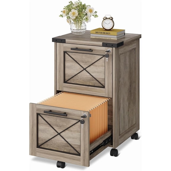 Kingsss 2 Drawer File Cabinet with Hanging Files, Mobile Rolling Storage Cabinet for Home Office, Under Desk Filing Cabinet with Lock, Printer Stand, Gray Oak