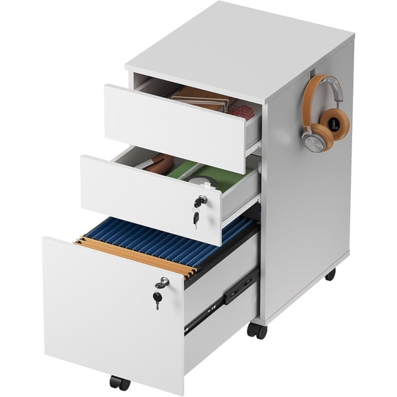 Kingsss 3 Drawer Mobile File Cabinet with Lock, White Wood Rolling Filing Cabinet for Under Desk, Fits Letter/Legal/A4 Size for Home Office