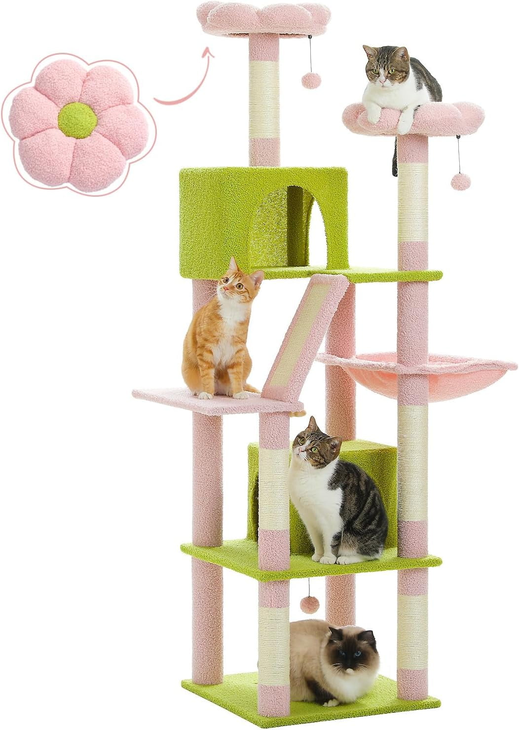 Kingsss Flower Cat Tree, 70.9-inch Tall Cat Tower in Blossom Pink with 2 Condos & Large Hammock, Whimsical Cat Activity Center with Pom Poms for Indoor Cats