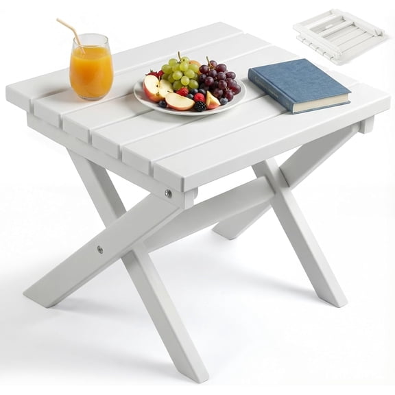 Kingsss Folding Outdoor Side Table, Small Outdoor Table, Portable, No Assembly, Weather-Resistant HDPE End Table for Camping, RV, Poolside, Garden (White)