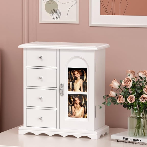Kingsss Jewelry Armoire Organizer with Drawers & 360 Rotating Necklace Hooks, Velvet Ring Holder & Photo Door, White French Style Jewelry Storage Cabinet,9.5" W*4.75" D*10.75" H