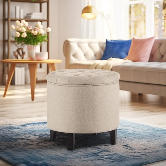 Kingsss Modern Button Tufted Accent Storage Ottoman, Small Upholstered Circle Pouf Footstool with Lift Top, for Bedroom, Living Room or Vanity, 17-3/4" Round - Lexington (Beige)