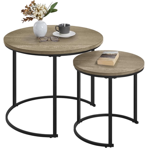 Kingsss Nesting Coffee Table Set of 2, Nesting Table, Rustic Stacking Side Tables, Nesting End Table Set w/Round Wooden Tabletop and Sturdy Metal Base for Living Room,Small Space, Gray | Rustic
