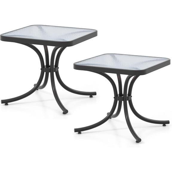 Kingsss Outdoor Side Table Set of 2, Square Patio End Table with Tempered Glass Top, 20" Bistro Table with Metal Frame, Small Compact Coffee Table for Garden Backyard Poolside