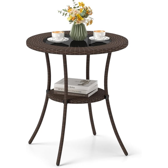 Kingsss Outdoor Side Table with Storage, PE Wicker Patio Bistro Table with Tempered Glass Tabletop, 25.5 Inch Round Coffee Table for Balcony, Porch, Backyard, Garden