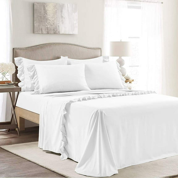 Kingsss Reyna Ruffle Sheet Set 6 Piece Set Full, White - Full Sheets -Bed Sheets - Full Size Bed Sheet Set - Coquette Bedroom Decor