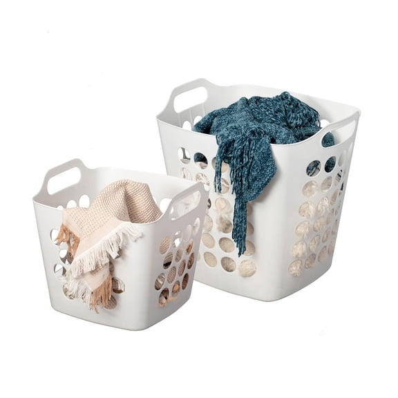 Kingsss Set of 2 Plastic Laundry Baskets with Handles Large & Small Ventilated Hampers for Clothes Storage & Organization Lightweight Stackable Bins for Bedroom Bathroom Dorm and Washing Area, White