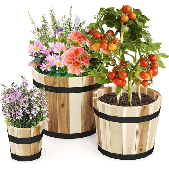 Kingsss Wooden Plant Pots, 3 Solid Acacia Wood Whiskey Barrel Planters w/Drainage Holes for Flower Herb Shrub, Multi Sizes Indoor Outdoor Patio Planting Flower Pots Home Decoration