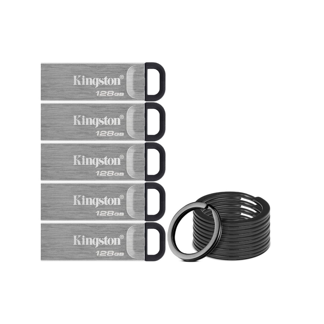 Kingston 128GB DataTraveler Kyson USB 3.2 Gen 1 200MBPS Read 60MBPS Write Speed Metal Flash Drive (5-Pack) Bundle with Focus Camera Stainless Steel Keyrings (10-Pack) (6 Items)