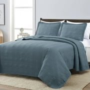 Chezmoi Collection Kingston King Size Bedspread Set, 3-Piece Blue Oversized Quilted Microfiber Lightweight Bedspread Coverlet (118"x106")