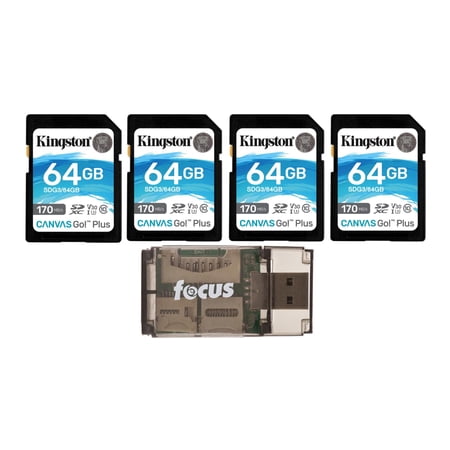 Kingston 64GB SDXC Canvas Go Plus 170MB/s Read Memory Card (4-Pack), Card Reader