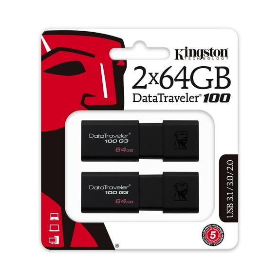 Kingston 64GB USB 3.0 Black DataTraveler 100 G3 2 Pack (DT100G3/64GB-2P)