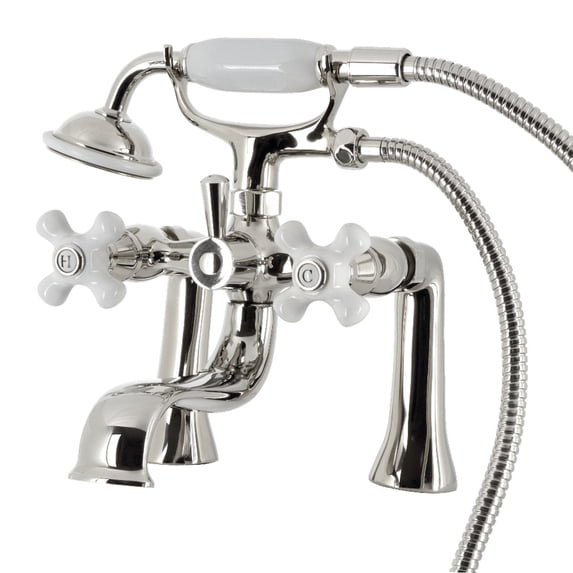 Kingston Brass KS228PXPN Kingston Three-Handle 2-Hole Deck-Mount Clawfoot Tub Faucet with Hand Shower in Polished Nickel