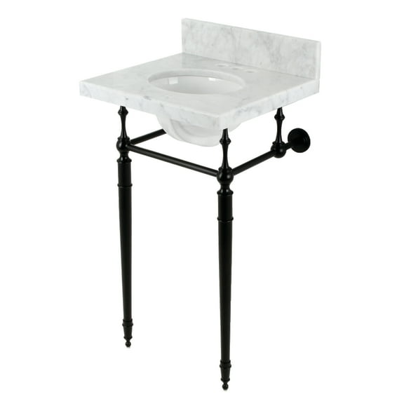 Kingston Brass KVPB1917M340ST Edwardian 19" Carrara Marble Console Sink with Brass Legs (4-Inch, 3-Hole), Carrara Marble White/Matte Black