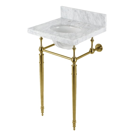 Kingston Brass KVPB1917M387ST Edwardian 19" Carrara Marble Console Sink with Brass Legs (8-Inch, 3-Hole), Carrara Marble White/Brushed Brass