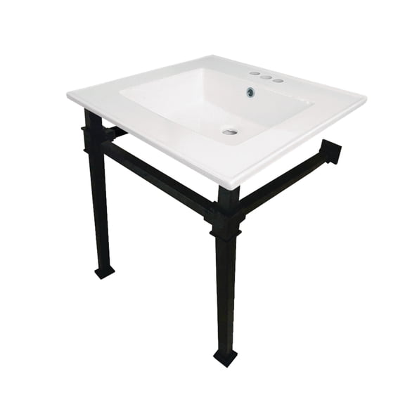 Kingston Brass KVPB25224Q0 Monarch 25" Ceramic Console Sink with Stainless Steel Legs (4-Inch, 3-Hole), White/Matte Black