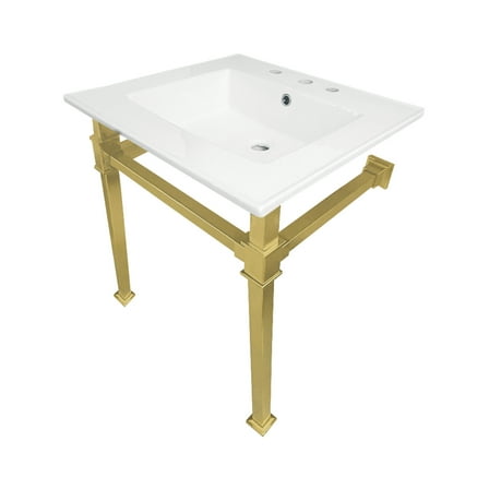 Kingston Brass KVPB25228Q7 Monarch 25" Ceramic Console Sink with Stainless Steel Legs (8-Inch, 3-Hole), White/Brushed Brass