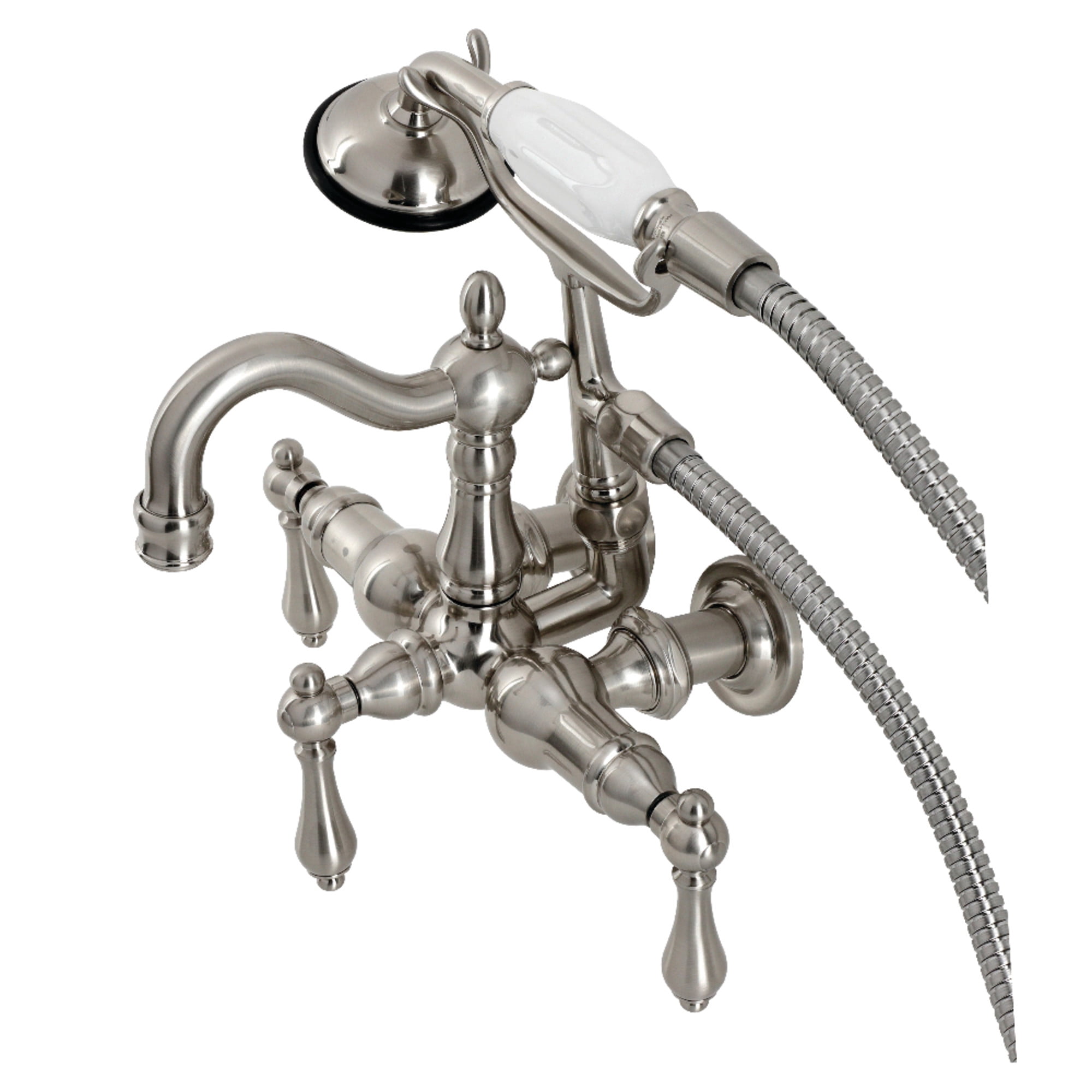 Kingston Brass CA1007T8 Heritage 3-3/8" Tub Wall Mount Clawfoot Tub Faucet with Hand Shower, Brushed Nickel