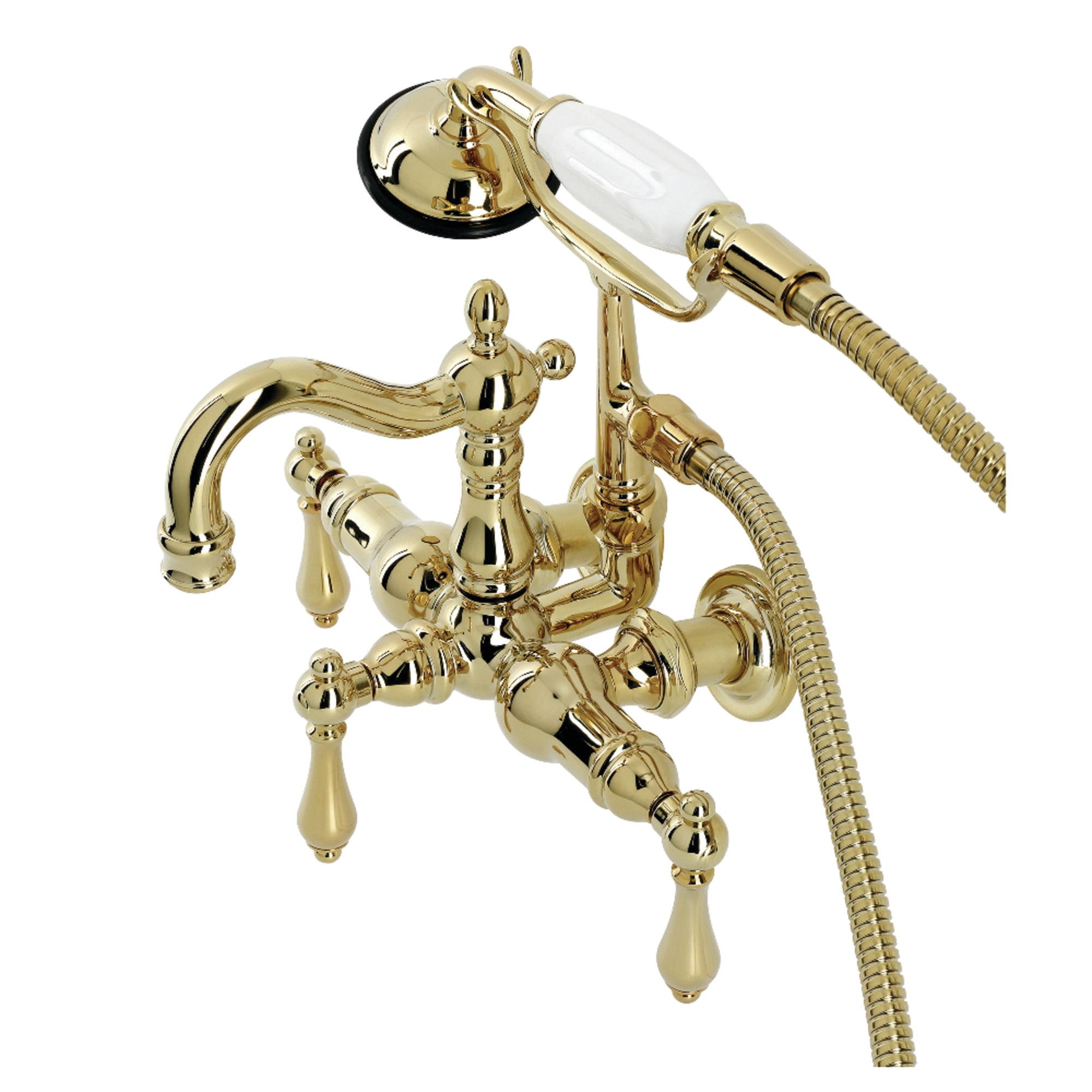 Kingston Brass CA1007T2 Heritage 3-3/8" Tub Wall Mount Clawfoot Tub Faucet with Hand Shower, Polished Brass