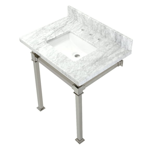 Kingston Brass KVPB30MSQ6 Monarch 30" Carrara Marble Console Sink with Stainless Steel Legs (8-Inch, 3-Hole), Carrara Marble White/Polished Nickel