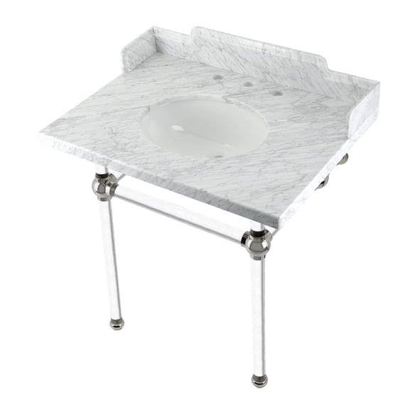 Kingston Brass LMS3030MA6 Pemberton 30" Carrara Marble Console Sink with Acrylic Legs (8-Inch, 3-Hole), Carrara Marble White/Polished Nickel