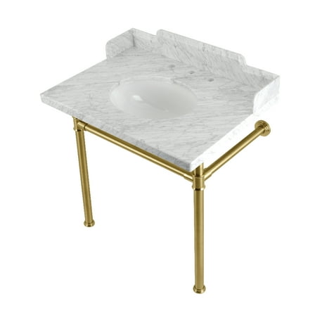 Kingston Brass LMS30M87ST Dreyden 30" Carrara Marble Console Sink with Stainless Steel Legs (8-Inch, 3-Hole), Carrara Marble White/Brushed Brass