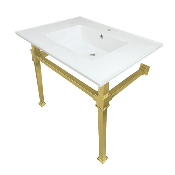 Kingston Brass KVPB31221Q7 Monarch 31" Ceramic Console Sink with Stainless Steel Legs (1-Hole), White/Brushed Brass
