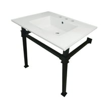 Kingston Brass KVPB31228Q0 Monarch 31" Ceramic Console Sink with Stainless Steel Legs (8-Inch, 3-Hole), White/Matte Black