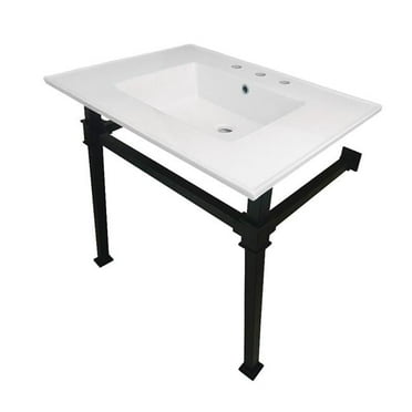 Kingston Brass KVPB31228Q0 31 in. Monarch Ceramic Console Sink - 8 in. Faucet Drilling, White & Matte Black