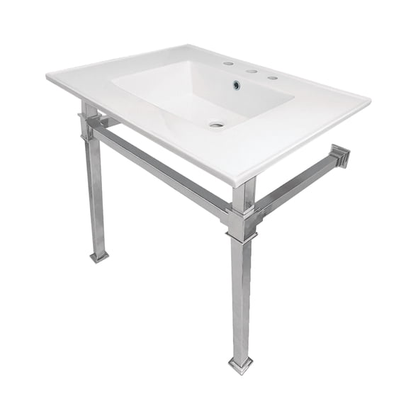 Kingston Brass KVPB31228Q1 Monarch 31" Ceramic Console Sink with Stainless Steel Legs (8-Inch, 3-Hole), White/Polished Chrome