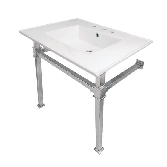 Kingston Brass KVPB31228Q1 Monarch 31" Ceramic Console Sink with Stainless Steel Legs (8-Inch, 3-Hole), White/Polished Chrome