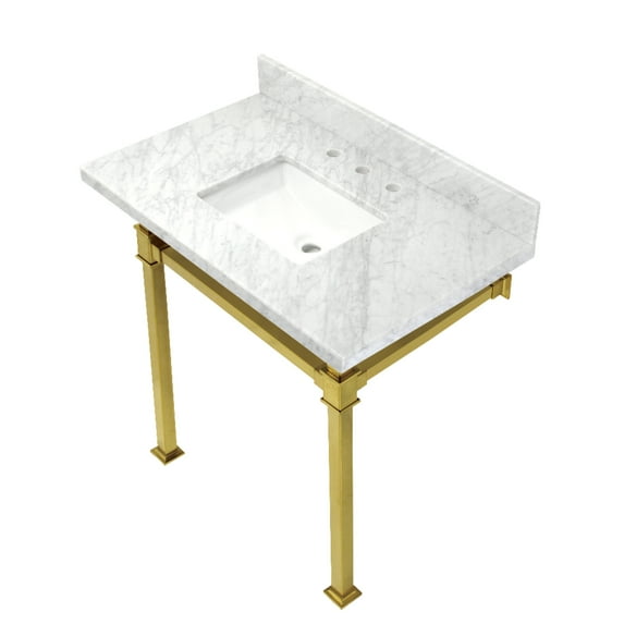 Kingston Brass KVPB36MSQ7 Monarch 36" Carrara Marble Console Sink with Stainless Steel Legs (8-Inch, 3-Hole), Carrara Marble White/Brushed Brass