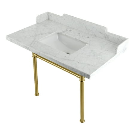 Kingston Brass LMS36M8SQ7ST Dreyden 36" Carrara Marble Console Sink with Stainless Steel Legs (8-Inch, 3-Hole), Carrara Marble White/Brushed Brass